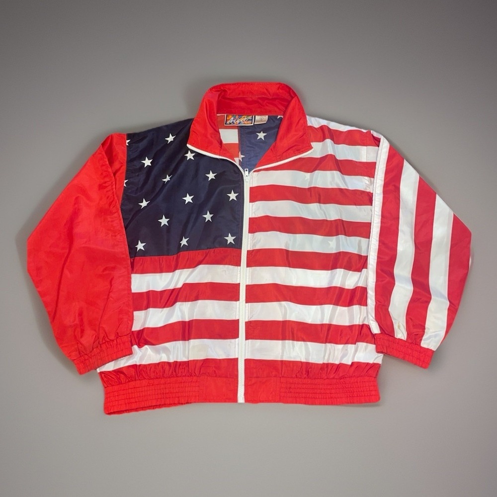 Vintage Argee Sports American Flag Long Sleeve Zip Up Retro Jacket Size Large